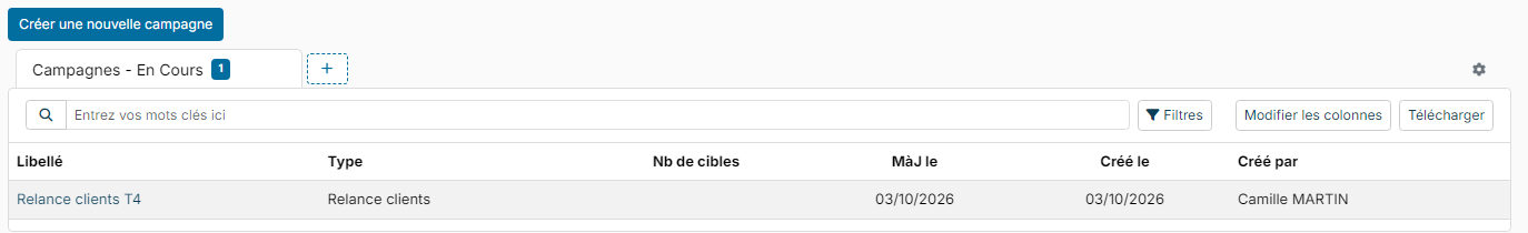 Liste des campagnes en cours avec le bouton Créer une nouvelle campagne