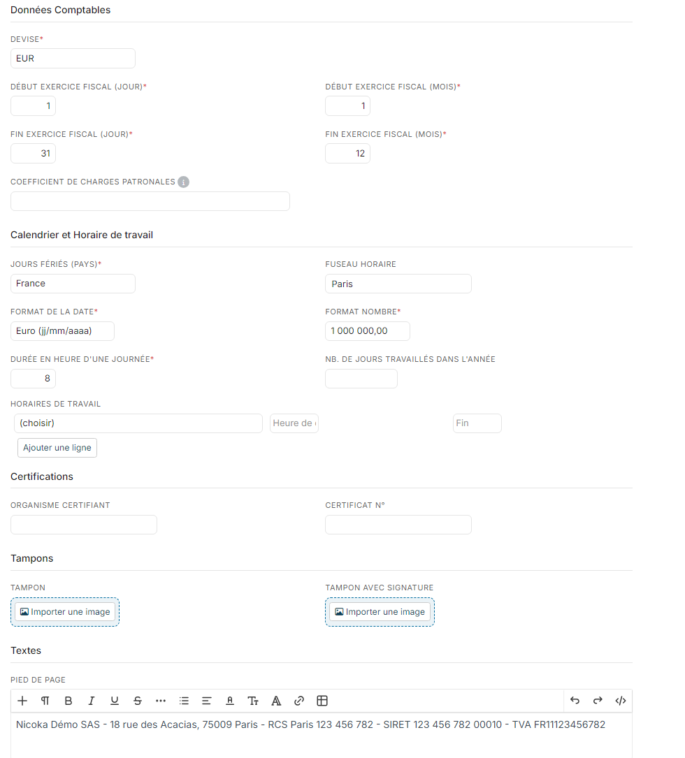 Suite de la page Informations : Données Comptables, Calendrier et Horaire de travail, Certifications, Tampons et Textes