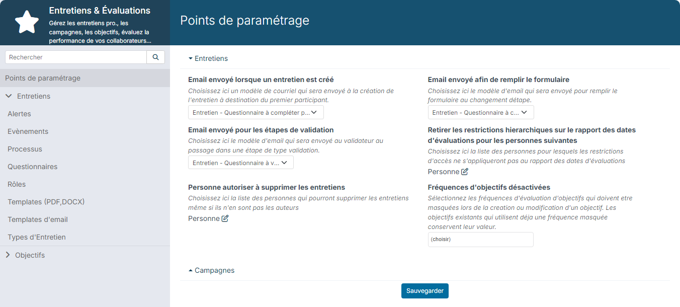 Points de paramétrage du module Entretiens & Évaluations