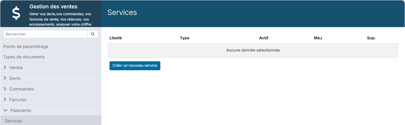 Paramétrage de la Gestion des ventes, rubrique Paiements, liste des Services