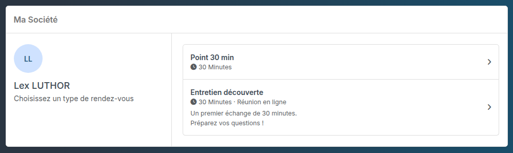 Page d'accueil des réservations : le nom de l'organisateur et la liste de ses types de rendez-vous
