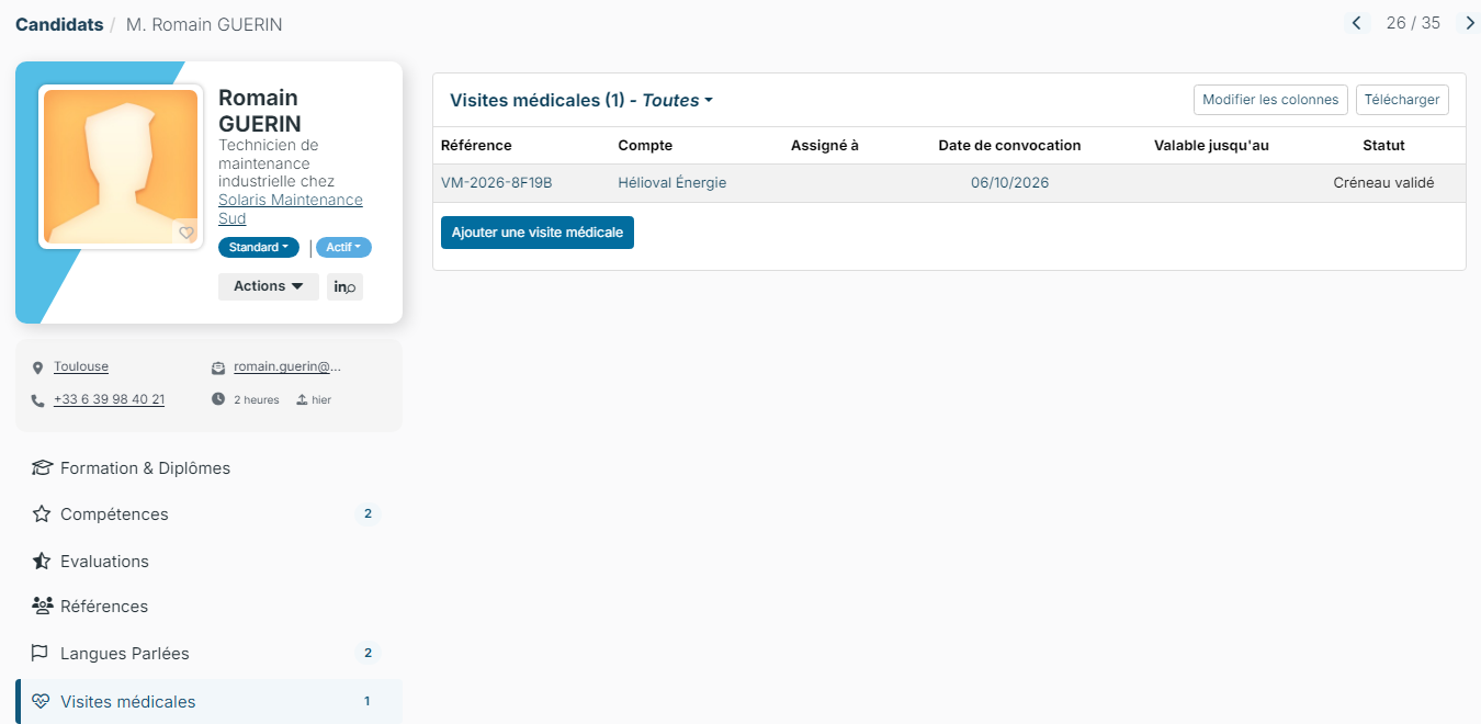 Onglet Visites médicales de la fiche d'un candidat