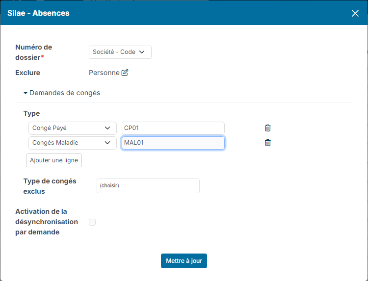 Paramétrage du service Silae des absences : numéro de dossier, types d'absence et codes Silae