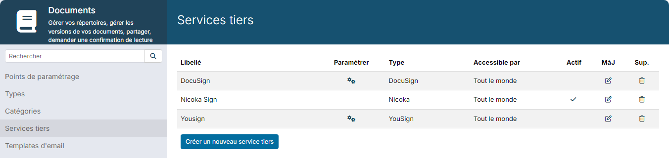 Documents module settings, Third party services, with Nicoka Sign active