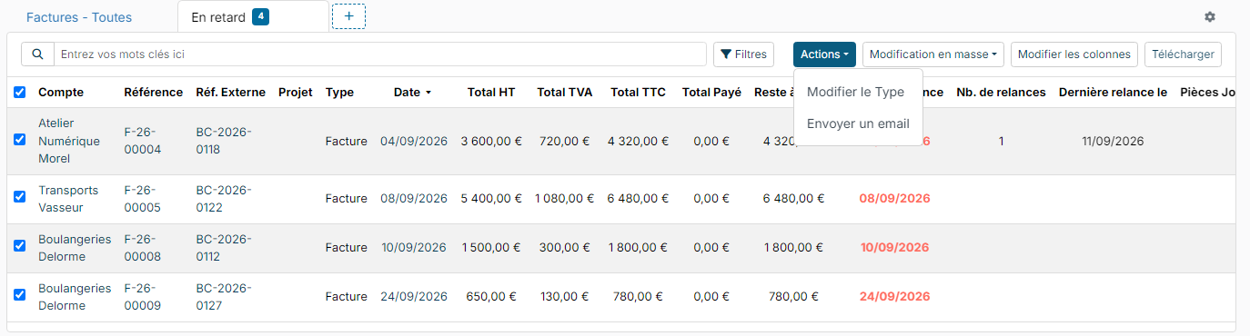 Overdue invoices ticked and Actions menu open