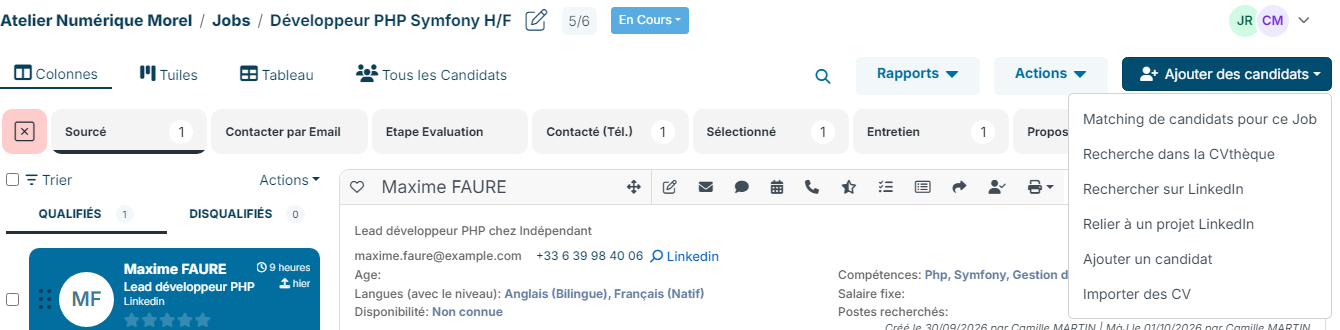 Menu Ajouter des candidats d'un job avec le choix Matching de candidats pour ce Job