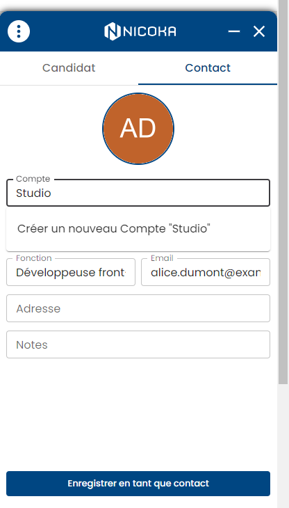 Onglet Contact : champ Compte avec la proposition Créer un nouveau Compte, et bouton Enregistrer en tant que contact