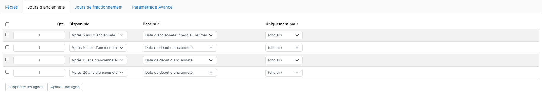Onglet Jours d'ancienneté avec quatre paliers