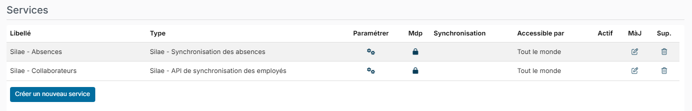 Liste des services avec les deux services Silae, leurs icônes engrenages et cadenas