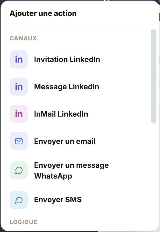 Liste Ajouter une action : les canaux LinkedIn, e-mail, WhatsApp et SMS