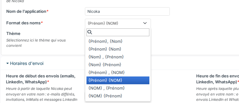 Liste Format des noms dépliée, avec les huit formats proposés