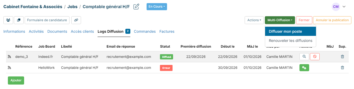 Multi Posting menu of a job: Post my job and Renew the postings
