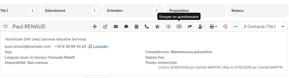 Barre d'actions d'un candidat dans le pipeline, avec l'info-bulle Envoyer un questionnaire