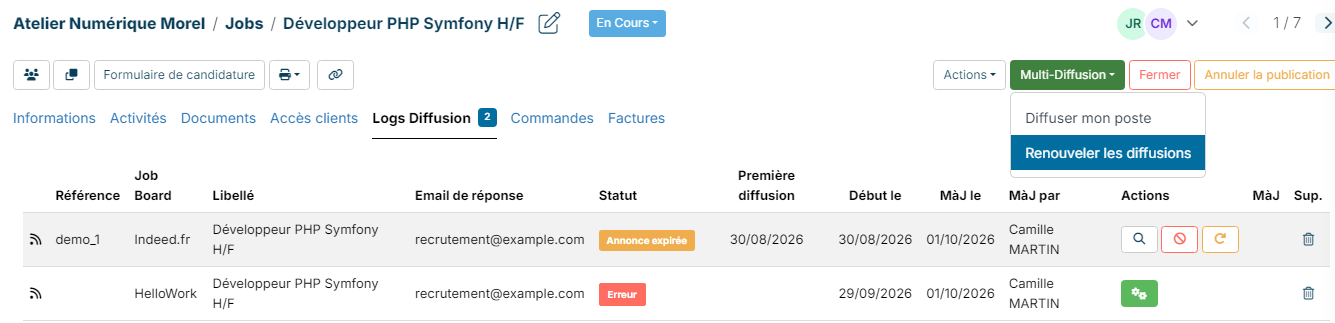 Menu Multi-Diffusion, entrée Renouveler les diffusions