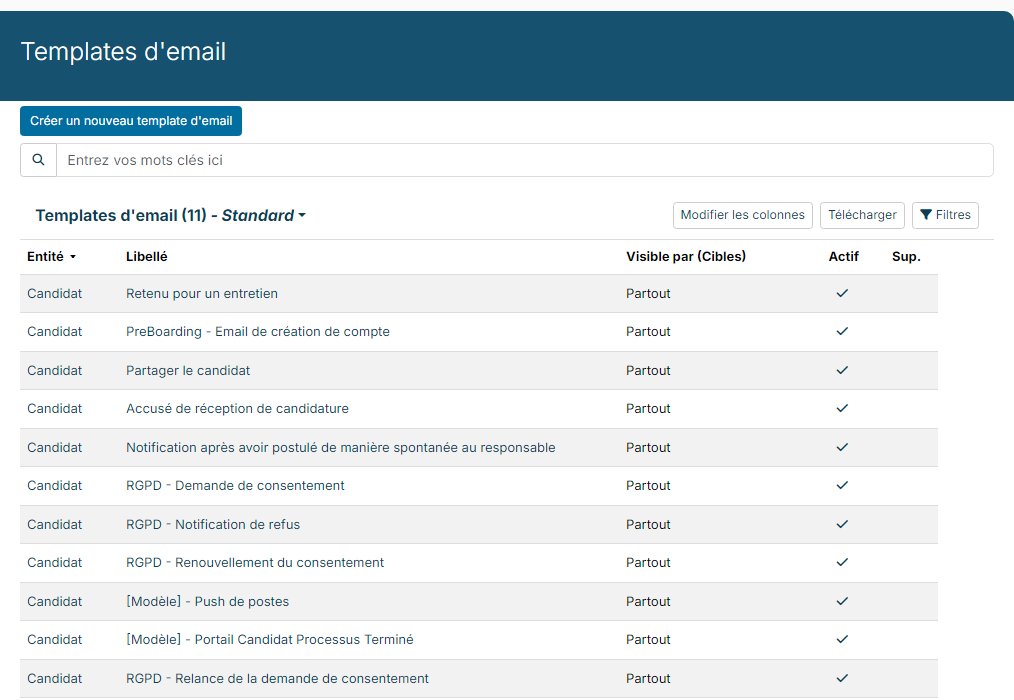 Liste des templates d'email des candidats avec le modèle PreBoarding - Email de création de compte