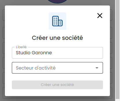 Fenêtre Créer une société : libellé et secteur d'activité