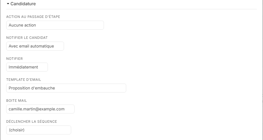 Section Candidature avec Avec email automatique : le template et la boîte mail sont obligatoires