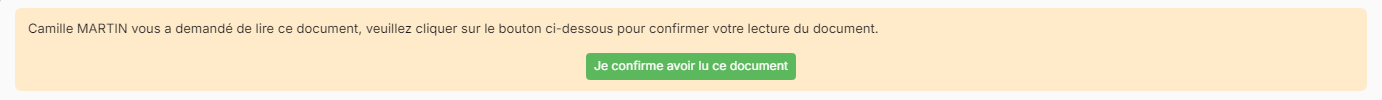 Yellow read request banner with the I confirm having read this document button