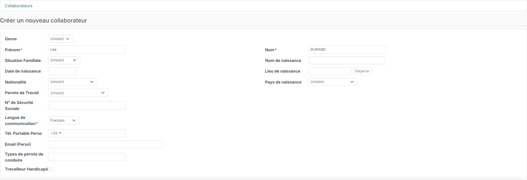 Formulaire Créer un nouveau collaborateur : bloc d'identité avec Prénom, Nom et Langue de communication