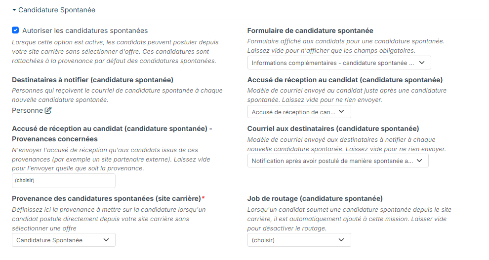 Section Candidature Spontanée des points de paramétrage de l'ATS