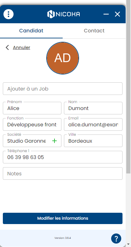 Formulaire de modification d'un candidat avec les boutons Annuler et Modifier les informations