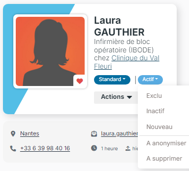 Carte d'une fiche candidat avec les étiquettes Standard et Actif, liste des statuts ouverte