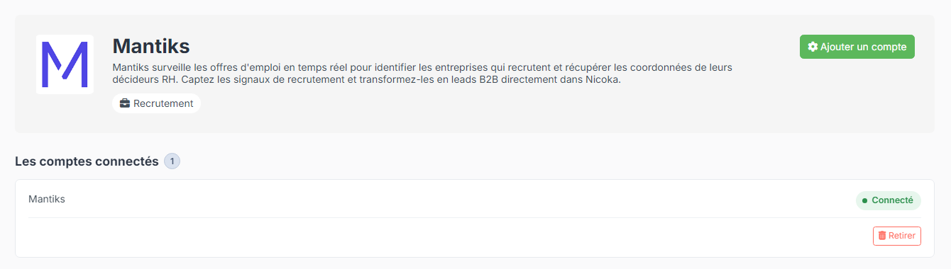 Page de l'intégration Mantiks avec le bouton Ajouter un compte et la liste des comptes connectés