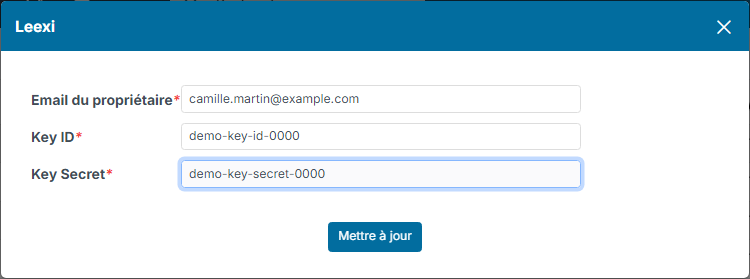 Fenêtre Leexi avec les champs Email du propriétaire, Key ID et Key Secret