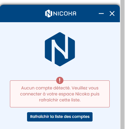 Écran de connexion de l'extension : Aucun compte détecté et bouton Rafraîchir la liste des comptes