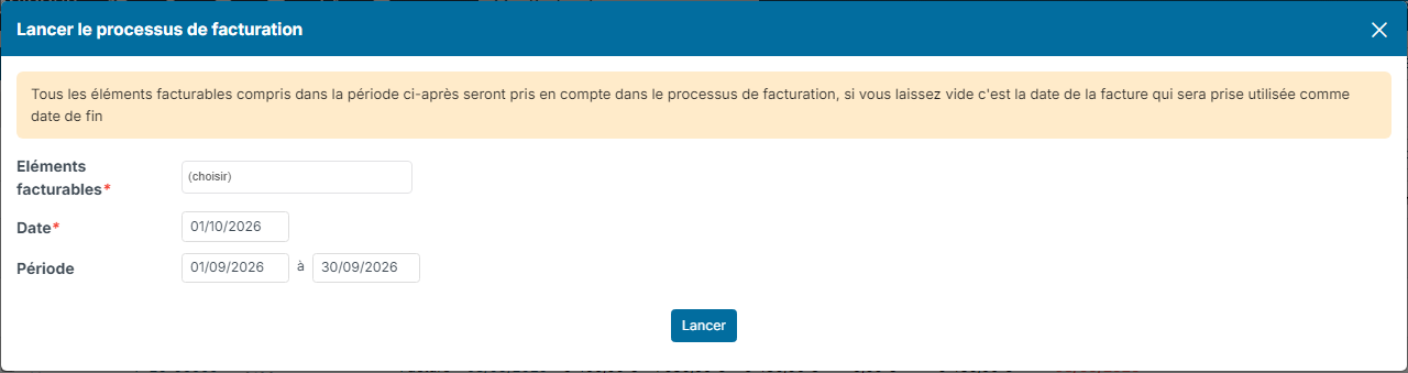 Launch invoicing process window for all customers: invoicing elements, date and period