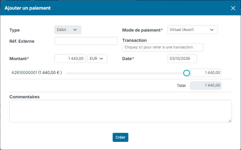 Add a payment window on the credit note with the virtual credit payment mode