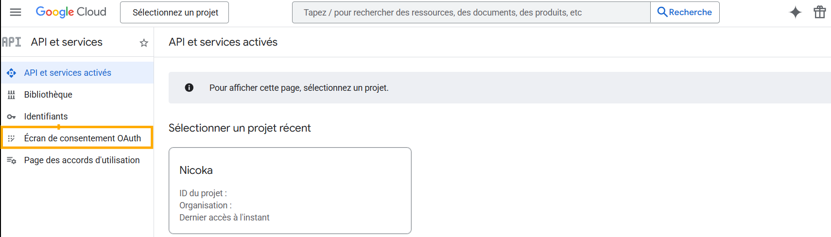 APIs and Services menu, OAuth consent screen entry