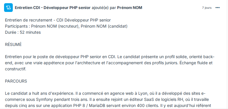 Compte rendu de réunion rédigé par l'IA dans la chronologie d'un candidat