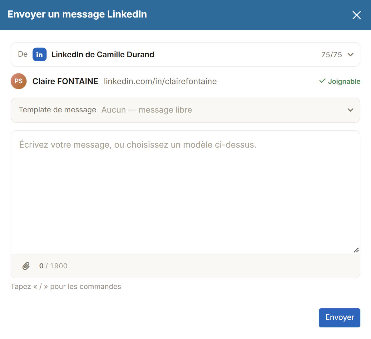 Fenêtre Envoyer un message LinkedIn