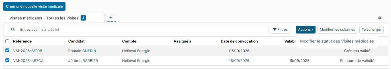 Liste des visites médicales, deux visites cochées et l'action Modifier le statut des Visites médicales