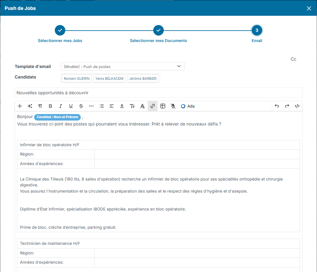 Étape 3 du push de jobs : modèle, candidats destinataires et liste des jobs