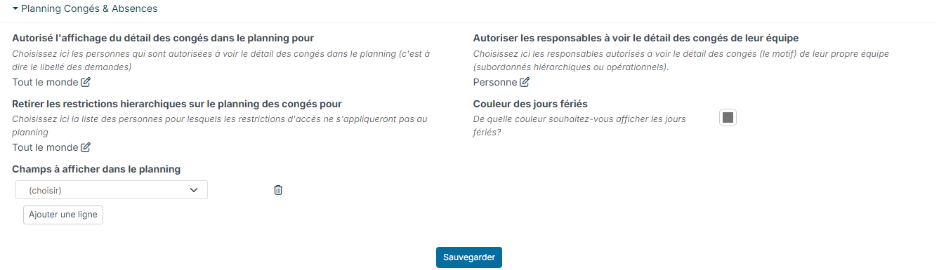 Points de paramétrage, bloc Planning Congés & Absences