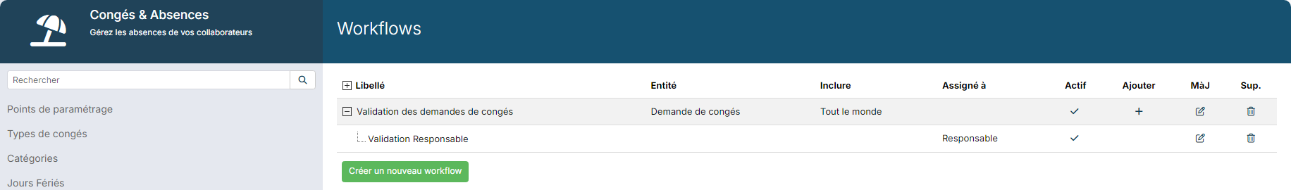 Workflows du module Congés & Absences : workflow Validation des demandes de congés et son étape Validation Responsable