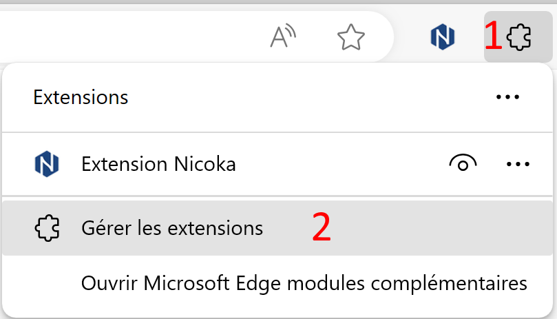 Menu Extensions de Microsoft Edge avec l'entrée Gérer les extensions