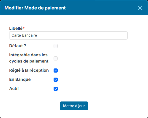 Modification d'un mode de paiement : case Réglé à la réception cochée