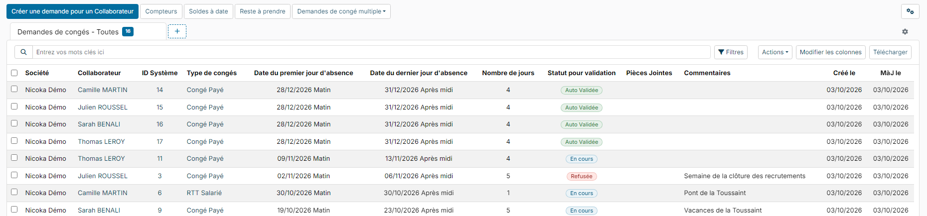 Mon Equipe, Congés - Demandes : liste des demandes et barre de boutons
