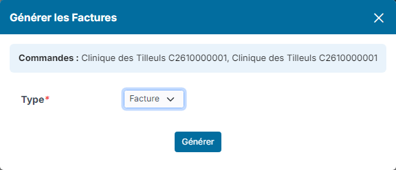 Generate Invoices window with the orders concerned and the invoice type