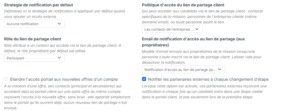 Réglages du lien de partage client dans la section Portail de partage des candidats