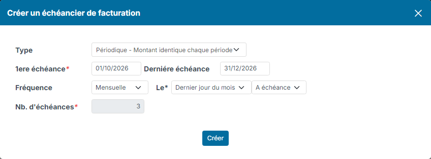 Create a billing schedule window: recurring type, first and last deadline, monthly frequency and calculated number of deadlines