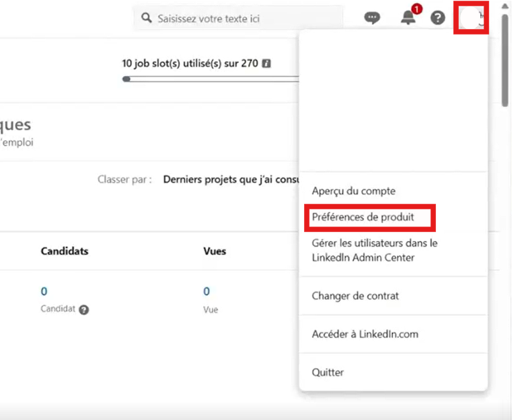 LinkedIn Recruiter, menu du compte avec Préférences de produit