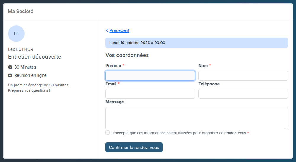 Page de réservation : le formulaire de coordonnées et le bouton Confirmer le rendez-vous