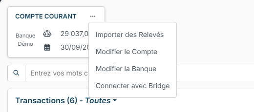 Menu d'une carte de compte : Importer des Relevés, Modifier le Compte, Modifier la Banque et Connecter avec Bridge