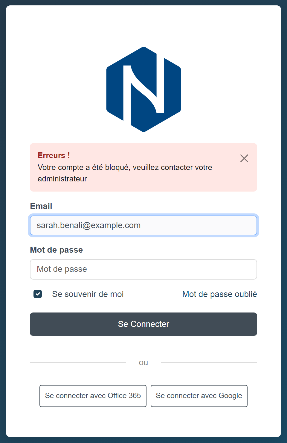 Login page with the message saying that the account has been locked