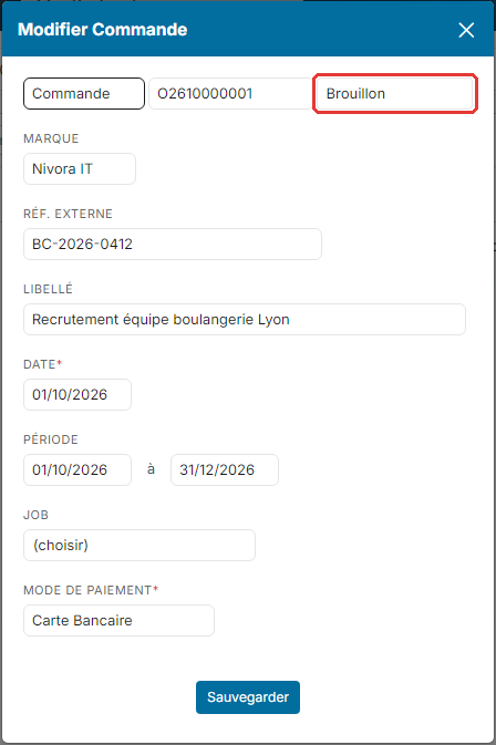 Fenêtre Modifier Commande, liste du statut