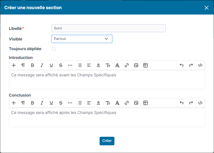 Create a new section window with the label Suivi